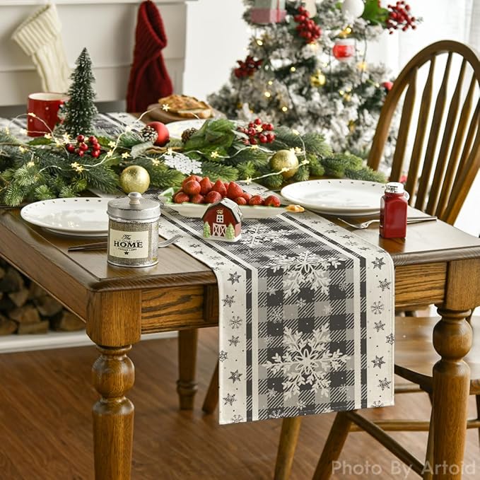 Artoid Mode Grey Buffalo Plaid Snowflakes Christmas Table Runner, Seasonal Winter Kitchen Dining Table Decoration for Home Party Decor 13x72 Inch ArtoidMode