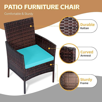 Patio Furniture Set 3 Pieces All-Weather Rattan Outdoor Furniture Patio Chairs with Tempered Glass Table for Porch Bistro Balcony Bistro Set(Brown/Blue) - LeafyLoom