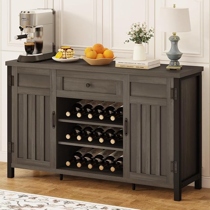 FATORRI Industrial Buffet Cabinet with Storage, Farmhouse Sideboard Cabinet with Wine Rack, Rustic Wood Coffee Bar Cabinet for Kitchen (55.12 Inch, Walnut Brown) - LeafyLoom