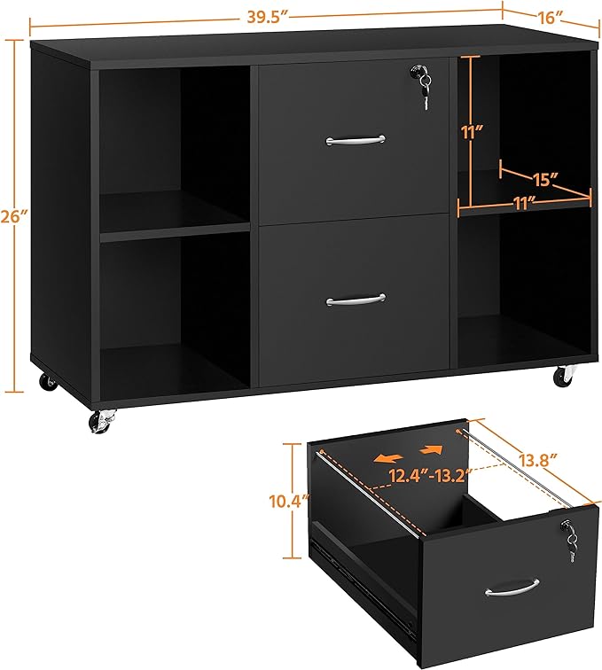 Yaheetech Black File Cabinet Large Mobile Storage Lateral Filing Cabinet with 2 Drawer and 4 Open Compartments,for Letter Size A4 Size, Printer Stand for Home Office, Black - LeafyLoom