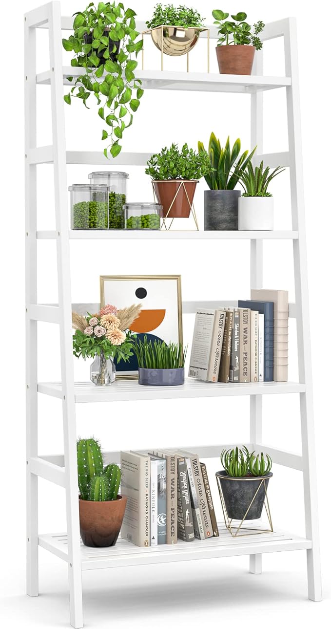 Homykic Bamboo White Bookshelf 4-Tier Ladder Shelf, 49.2” Freestanding Open Bookcase Book Shelf Bathroom Storage Shelf Unit Plant Stand for Small Space, Bedroom, Living Room, Home Office - LeafyLoom