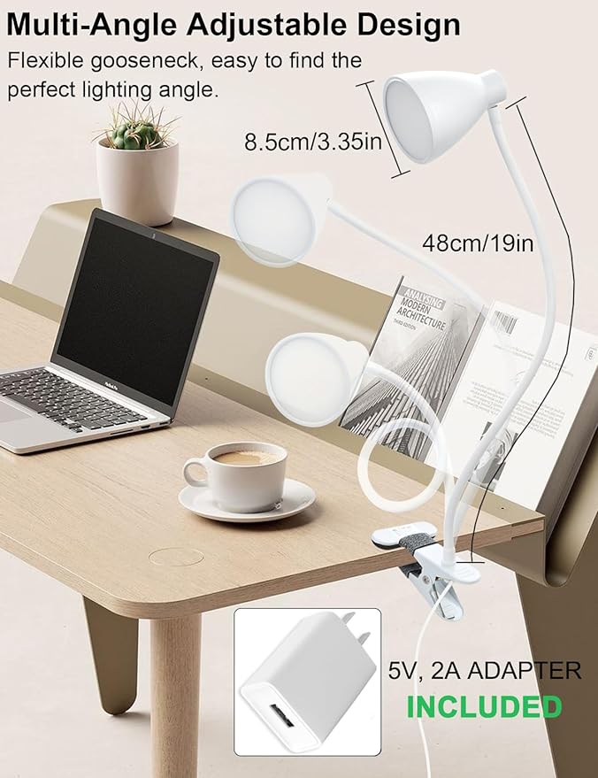 BOHON Clamp Lamp Reading Light 3 Color Modes 10 Brightness Dimmer Bedside Lamp 10W 38 LED Desk Lamp with Auto Off Timer 360° Flexible Gooseneck Clip on Light for Bed, USB Cord Include, White - LeafyLoom