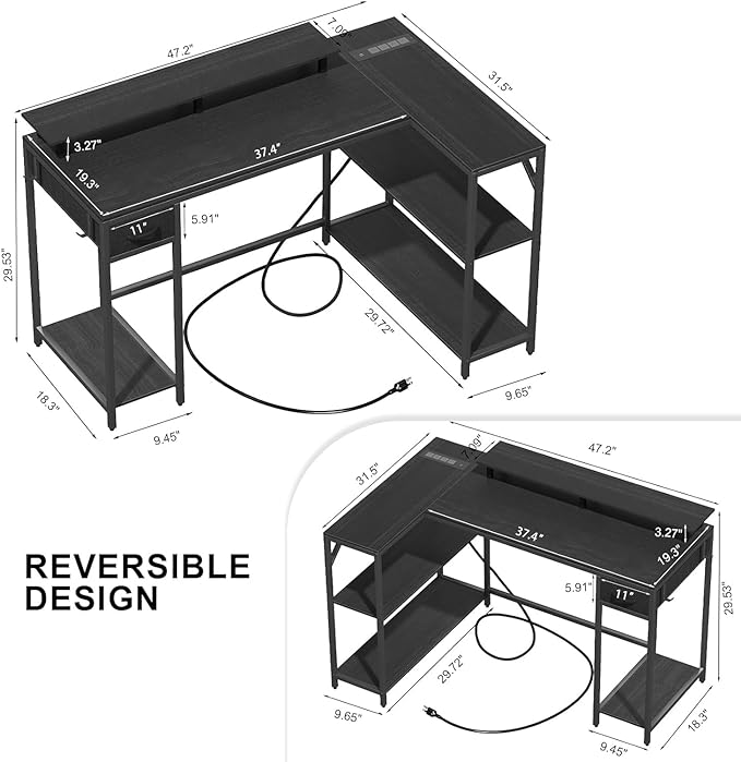 L Shaped Gaming Desk with Power Outlet & LED Light, 47 inch Reversible L Shaped Desk, Gaming Desk with Hook & Monitor Stand, Computer Desk with Drawer and Shelves for Home Office Bedroom - LeafyLoom