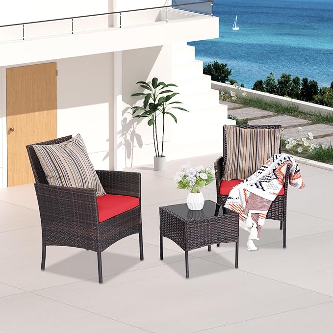 Patio Furniture Set 3 Pieces All-Weather Rattan Outdoor Furniture Patio Chairs with Tempered Glass Table for Porch Bistro Balcony Bistro Set(Brown/Red) - LeafyLoom