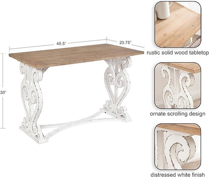 Kate and Laurel Wyldwood Farmhouse Wooden Desk, 46 x 24 x 30, Brown and White, Rustic Carved Wood Computer Desk for Functional and Stylish Home Office Decor - LeafyLoom