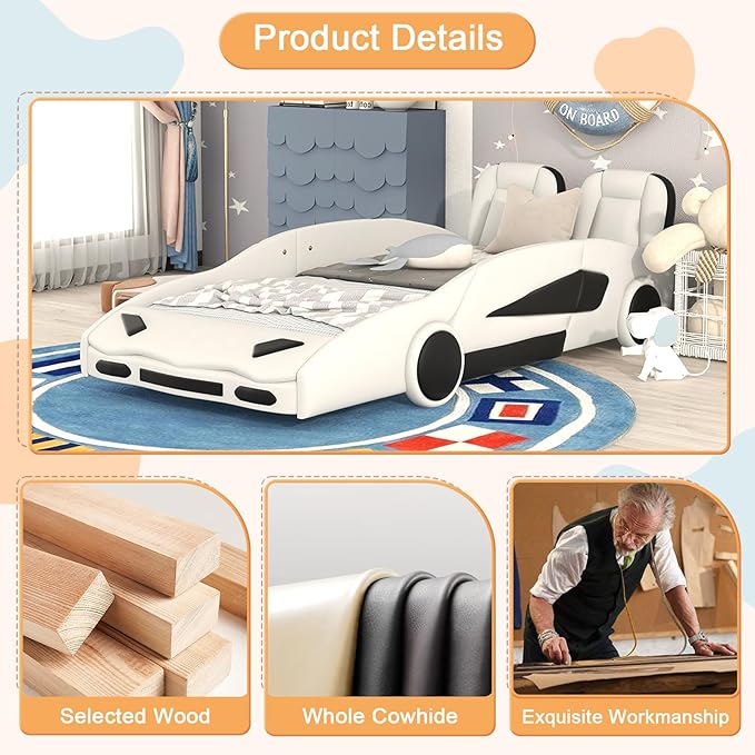 Twin Size Bed Frame for Kids, Race Car-Shaped Wooden Platform Bed with Guardrail and Upholstered Headboard, Wheels and Support Slats, for Boys Girls Child's Bedroom, No Spring Need (White) - LeafyLoom