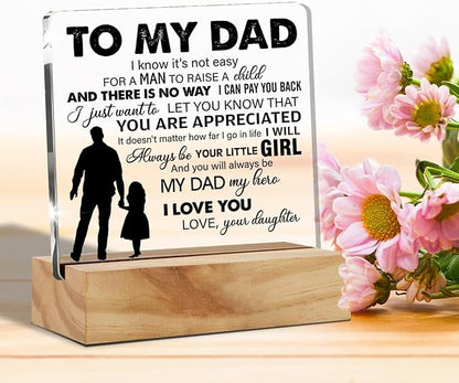 Father Gift Dad Gifts From Daughter, to My Dad My Hero Quote Desk Decor Acrylic Desk Plaque Sign with Wood Stand Home Office Desk Sign Keepsake Present - LeafyLoom