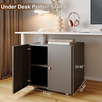 Mobile Mobile Printer Stand with Storage, Lateral Filing Cabinet with Adjustable Shelf, Under Desk Black Small Rolling Printer Table Work Cart with Wheels Organizer Spaces for Office - LeafyLoom