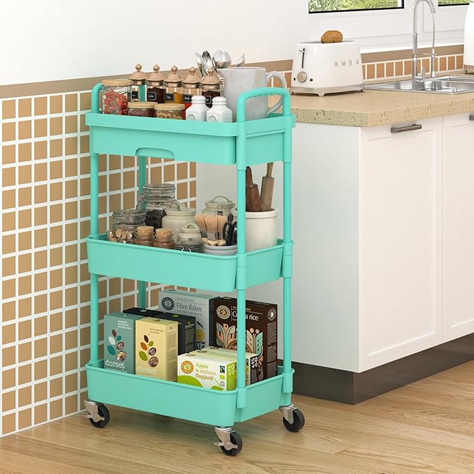 3-Tier Rolling Cart，Trolley with Drawer, Kitchen Storage Organizer with Plastic Shelf & Metal Wheels, Storage Cart for Living Room, Kitchen, Office, Bathroom, Green - LeafyLoom