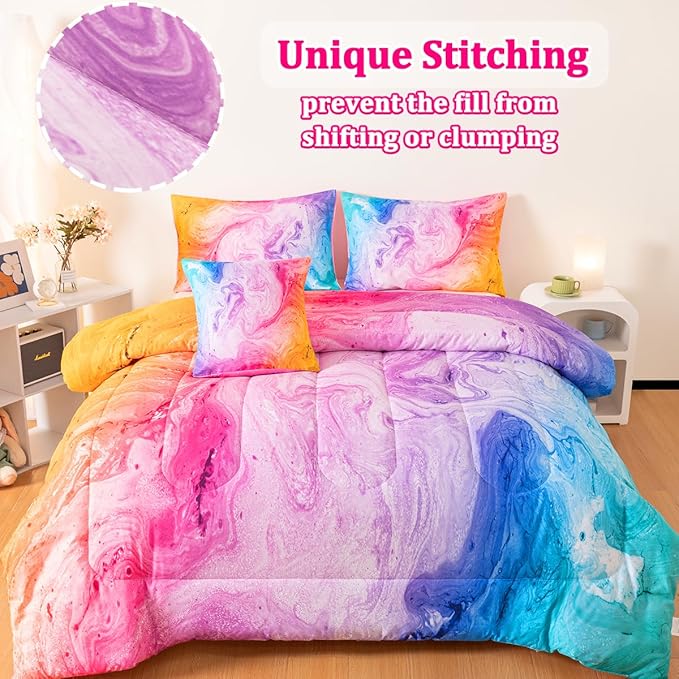 Girls Full Bedding Sets, 6 Pcs Pink Full Szie Comforter Set with Sheets, Watercolor Marble Abstract Art Superior Bedding Set for Girls Kids - LeafyLoom