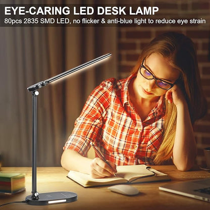 Lightess LED Desk Lamp with Wireless Charger, USB Charging Port, Adjustable Foldable Dual Swing Arm Desk Light Dimmable Eye-Caring Desk Lamp, Touch Control, Home Office Desk Lights for Work Study - LeafyLoom