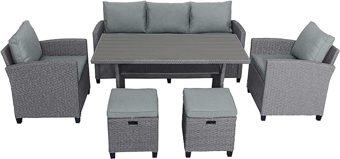 Outdoor Rattan Sectional Sofa with Dining Table, Chairs and Stools for Garden Backyard, 6-Piece Patio Furniture Set All-Weather Wicker Conversation Couch, Onesize, Gray - LeafyLoom