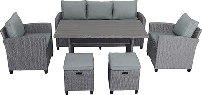 6 7 Pieces Patio Furniture Outdoor Sectional Sofa Conversation Set All Weather Wicker Rattan Couch Dining Table & Chair with Ottoman, Cc-Grey - LeafyLoom