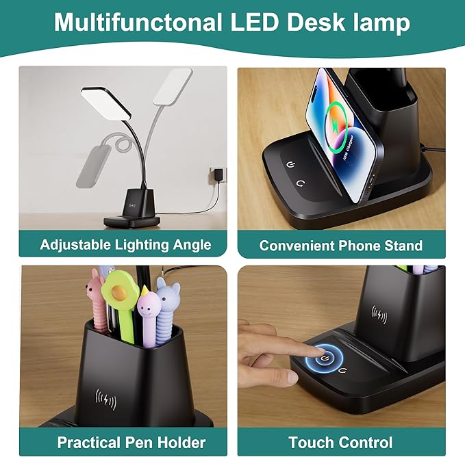 Cotanic LED Desk Lamps for Home Office with Wireless Charger, Stepless Dimmable, 3 Color Modes, Black Study Lamp for College Dorm Room, Touch Control, Pen Holder, CRI 90, 800 Lumen, Adapter Included - LeafyLoom