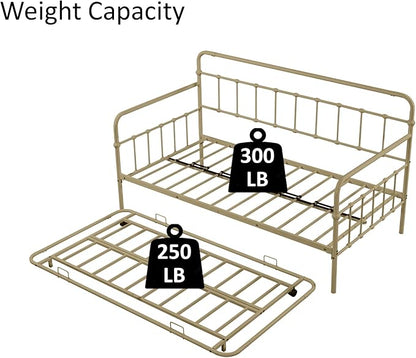 Twin Size Bed W/Slats,Metal Frame Daybed with Trundle & Anti-Noise Design,Space-Saving,Easy to Install,for Living Room Bedroom Apartment,Bronze - LeafyLoom