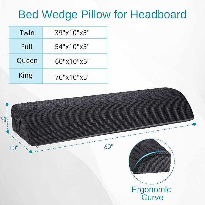 idee-home Bed Wedge Pillow for Headboard, Bed Gap Filler Foam Bolster Mattress Wedge Shaped Bed Noodle for Sleeping, Close The Gap (0-6") Between Headboard and Mattress (Grey Queen 60"x10"x5") - LeafyLoom