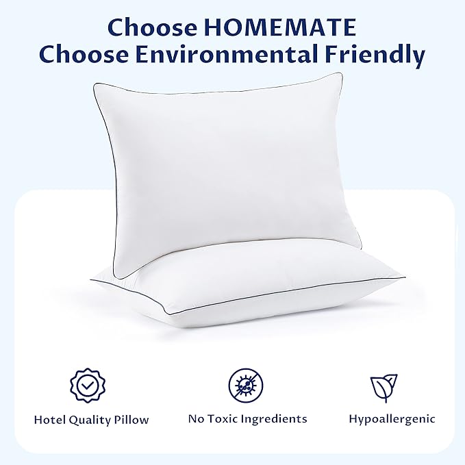 Homemate Bed Pillows for Sleeping - Queen Size(20''x28'') Set of 2 Allergy Friendly Microfiber Shell Fluffy Down Alternative Filling Breathable Pillow Suitable Back Stomach or Side Sleepers, White - LeafyLoom