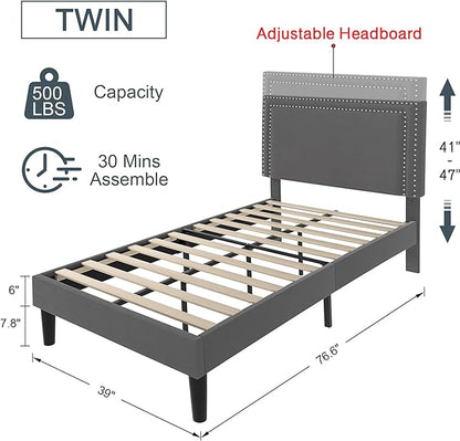 VECELO Twin Size Platform Bed Frame with Height Adjustable Upholstered Headboard, Modern Mattress Foundation,Strong Wood Slat Support, No Box Spring Needed, Easy Assembly - LeafyLoom