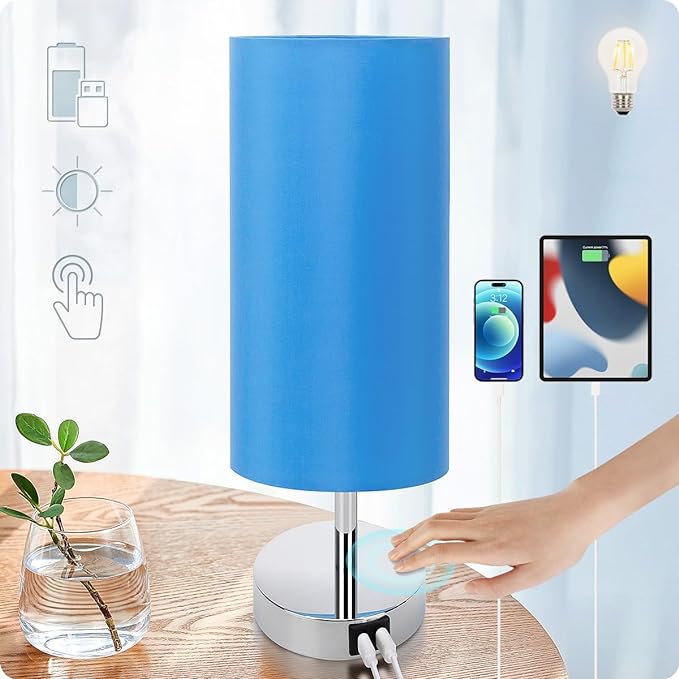 Yarra-Decor Blue Fabric Shade Touch Control Table Lamp with USB Ports, 3 Way Dimmable Nightstand Lamp for Bedroom, Living Room, Kids Room, College Dorm, Office - LeafyLoom