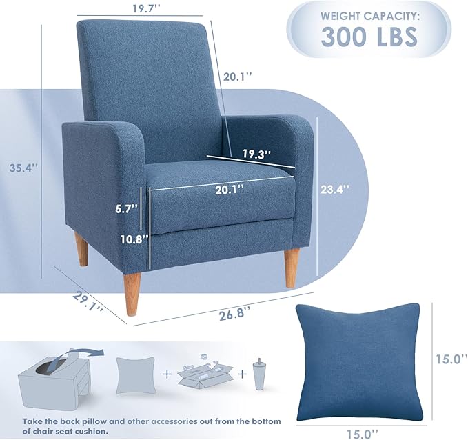 COLAMY Modern Accent Living Room Chairs Set of 2, Upholstered Fabric Armchair Reading Side Chair, Single Sofa with Back Pillow and Wood Legs, Blue - LeafyLoom