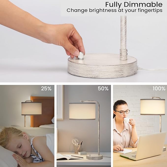 Table Lamp with Dual USB Charging Ports, Fully Dimmable Farmhouse Bedside Lamp, USB Nightstand Lamp with Brushed White Oak, Tall Reading Desk Lamp for Living Room, Bedroom, Office, LED Bulb Included - LeafyLoom