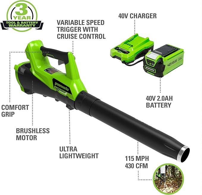 Greenworks 40V (115 MPH / 430 CFM) Brushless Axial Leaf Blower, 2.0Ah Battery and Charger Included - LeafyLoom