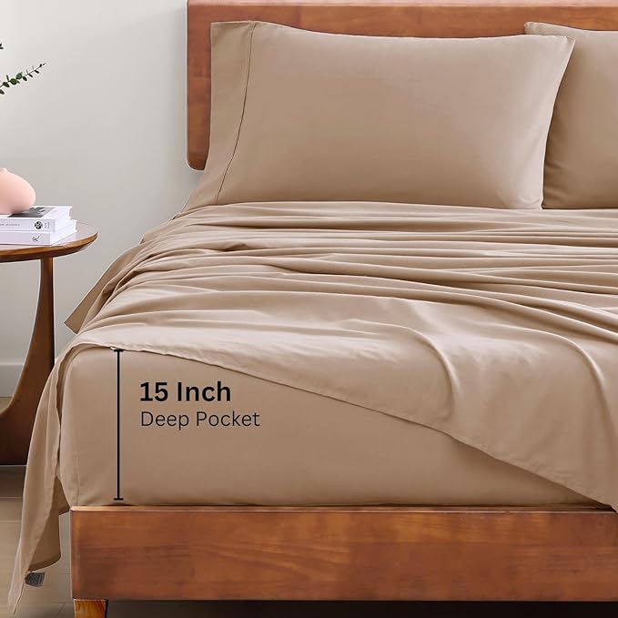 LANE LINEN 100% Organic Cotton Sheets Set Pure Long- Staple Percale Weave - Bedding for Bed Fits Mattress Upto 15" Deep Pocket (Queen Taupe) - LeafyLoom