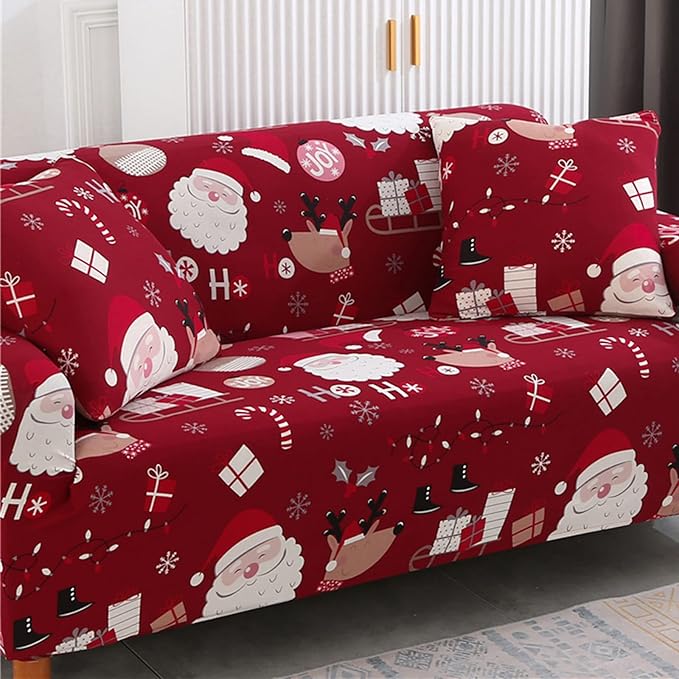 Mybedsoul Christmas Sofa Cover Santa Claus Printed Sofa Couch Cover Washable Furniture Protector with Elastic Bottom Xmas Home Room Festival Decoration(3 Seater) Mybedsoul