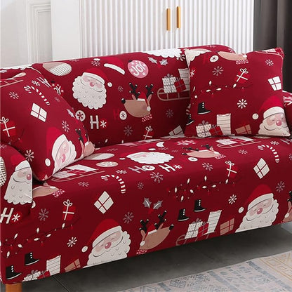 Mybedsoul Christmas Sofa Cover Santa Claus Printed Sofa Couch Cover Washable Furniture Protector with Elastic Bottom Xmas Home Room Festival Decoration(2 Seater/Loveseat) Mybedsoul