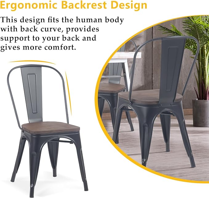 YOUNIKE Metal Dining Chairs Set of 4 Iron Stackable Removable Back Wood Seat Patio Chairs Rubber Feet Stylish Modern Indoor Outdoor Classic Chic Industrial Vintage Bistro Kitchen Matte Black - LeafyLoom