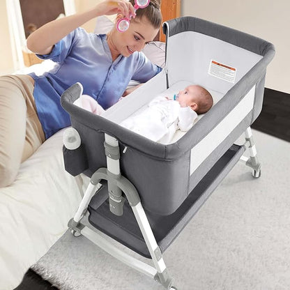 4 in 1 Baby Bassinet,Easy Folding Portable Bedside Crib with Comfy Mattress and Wheels,Height Adjustable Bassinet with Mosquito net Included,Grey - LeafyLoom