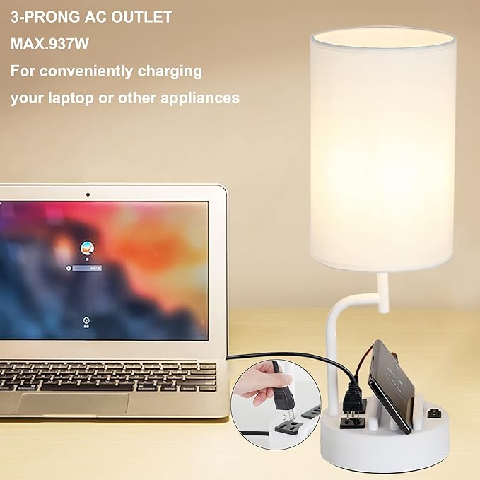 Dreamholder Table Lamp with 3 USB Charging Ports, Modern Desk Lamp with AC Outlet and Phone Stands, Perfect Bedside Lamp for Bedroom, Living Room, Office (Pack of 2), White - LeafyLoom