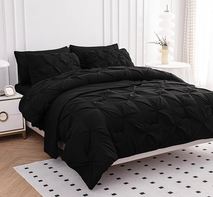 LANE LINEN California King Comforter Set, 7 Piece Cal King Bed in a Bag, Pintuck Cal King Bedding Set, Soft Cali King Bed Set, Cal King Bedding Comforter Sets with Sheets, Pillowcases & Shams - Black - LeafyLoom