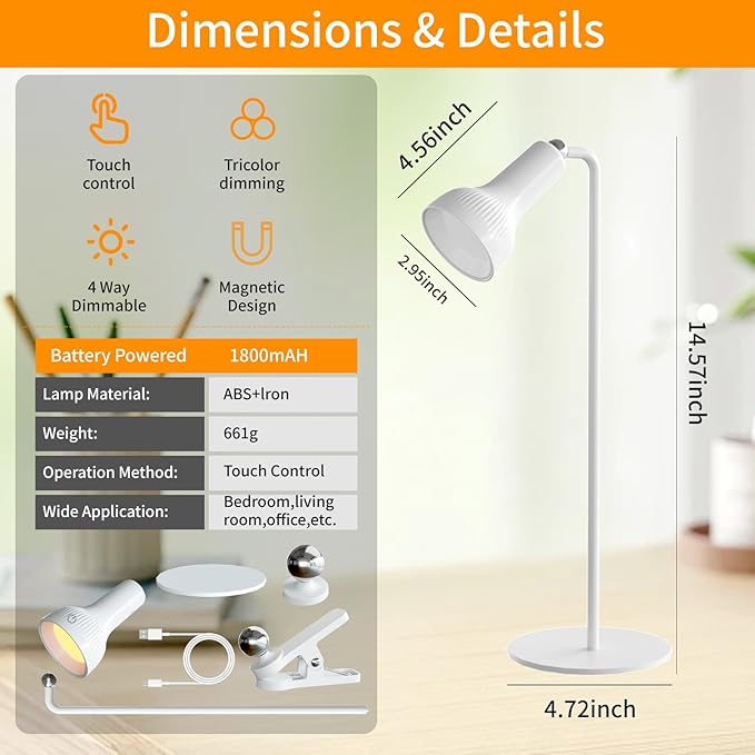 Battery Operated Lamp, LED Wall Sconce, Rechargeable Desk Lamp with 4 Color Modes and 360°Rotate Magnetic Ball, Removable Cordless Wall Light for Reading Bedside Nightstand - LeafyLoom