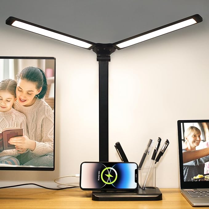 Qooltek Touch Control LED Desk Lamp, Table Lamp with 5 Color Modes Dimmable Brightness for Home Office, Dual Swing Arm USB Charging Port Desk Light, Eye-Caring Reading Light with Pen Holder, Black - LeafyLoom