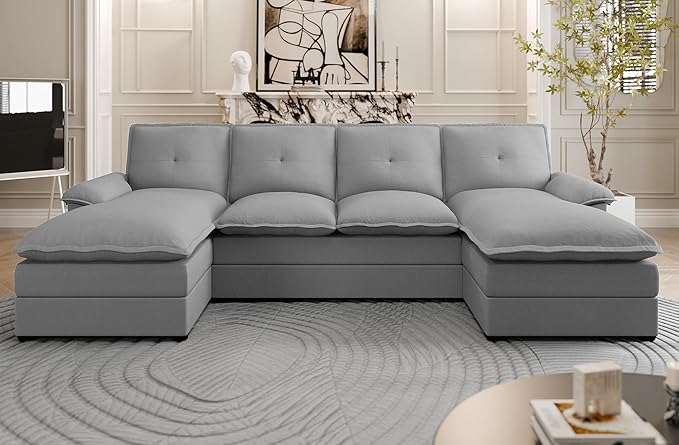 Shintenchi 110" Modular Sectional Couches for Living Room, U-Shaped Sofa Couch with Double Chaise, 4 Seat Sofa Sets with Thick Cushion & Soft Backrest, Light Grey - LeafyLoom