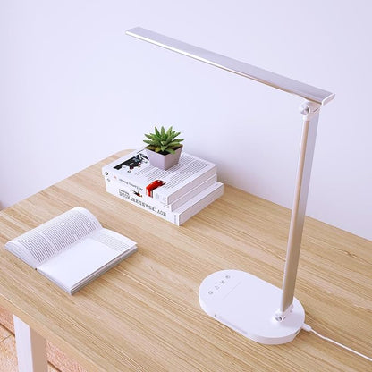 Clearance LED Desk Lamp with USB Charging Port, Birght Desk Light for Home Office, Computer, Work Desktop, Table Lamp with Night Light, Timer, 5 Modes Reading Lamp, Touch Dimmable, Adjustable, Sliver - LeafyLoom