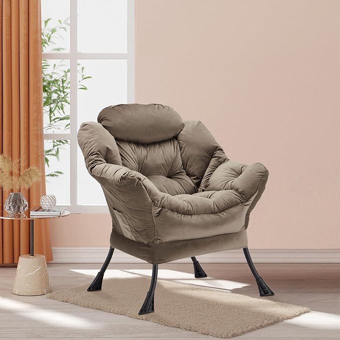 Lazy Chair Thick Padded, Accent Chair Velvet Upholstered with Wide Seat, Stable Metal Frame and Non-Slip Pad, Modern Sofa Armchair with Side Storage Bag for Dorm, Room, Office, Dark Gray - LeafyLoom