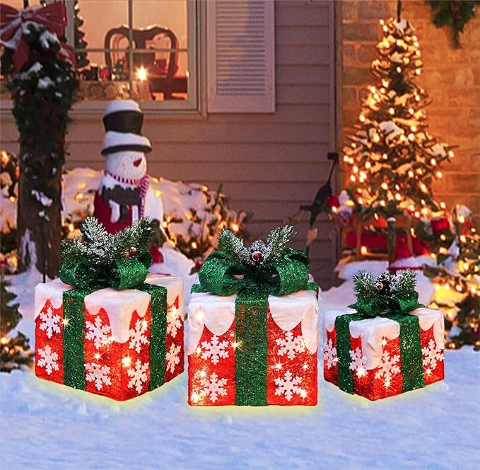 [Large 10"x8.5"x6.5" Christmas Set of 3 Lighted Gift Boxes Decorations Pre-lit 70 Super-Bright LED with Flashers,for Indoor Outdoor Christmas Tree Skirt Ornament Pathway Holiday Party Home GLOWNOVA