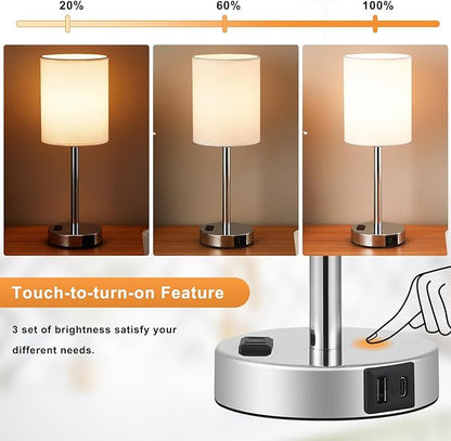 Bedside Table Lamps for Bedroom Set of 2 - Touch Nightstand Lamp with USB-A+C Charging Ports & AC Outlet - 3 Way Dimmable Small Desk Lamp White for Office, Living Room, Reading - LeafyLoom