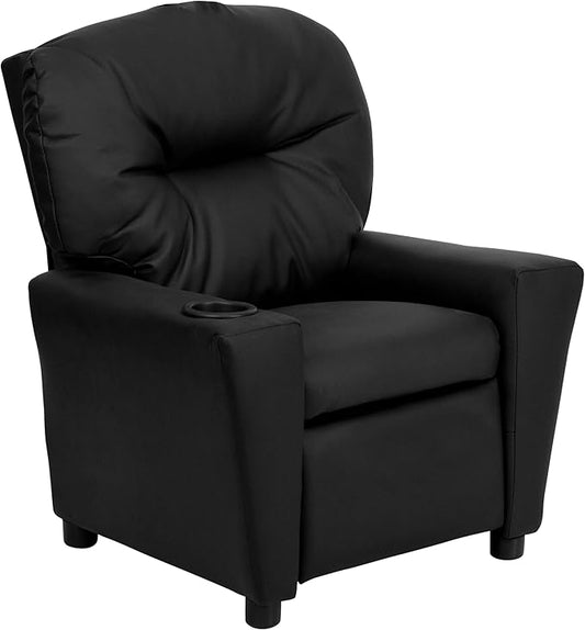 Flash Furniture Chandler LeatherSoft Kids Recliner with Cup Holder and Safety Recline, Contemporary Reclining Chair for Kids, Supports up to 90 lbs., Black - LeafyLoom