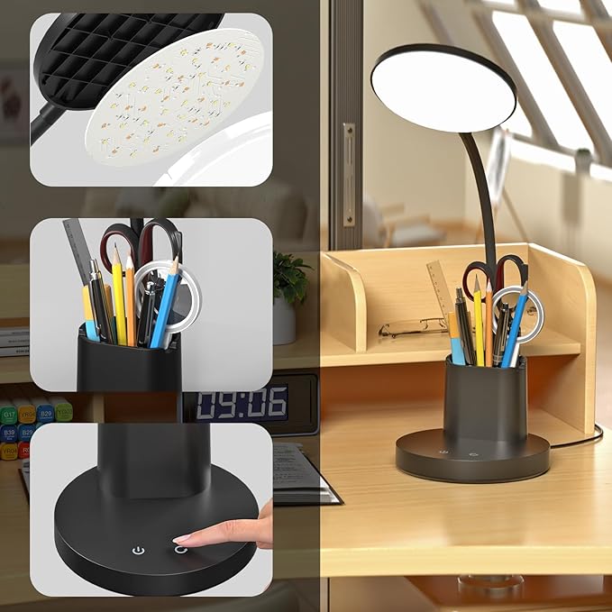 comzler Small Desk Lamp, LED Desk Lamps with Pen Phone Holder, Black Desk Light for Home Office,8W 3 Modes Dimmable LED Desk Light for Kids, Desktop Study Lamps for Bedrooms - LeafyLoom