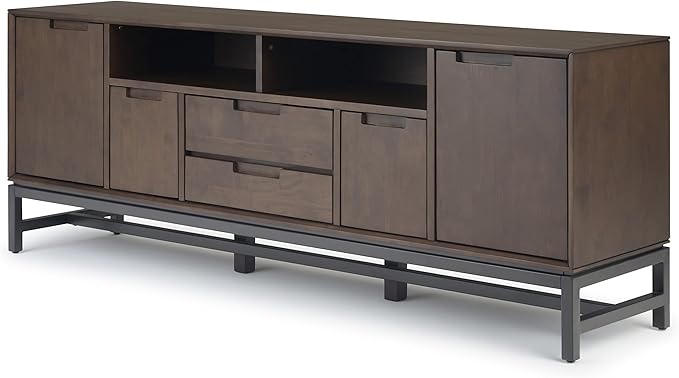 SIMPLIHOME Banting SOLID HARDWOOD 72 Inch Wide Industrial TV Media Stand in Walnut Brown for TVs up to 80 Inch, For the Living Room and Entertainment Center - LeafyLoom