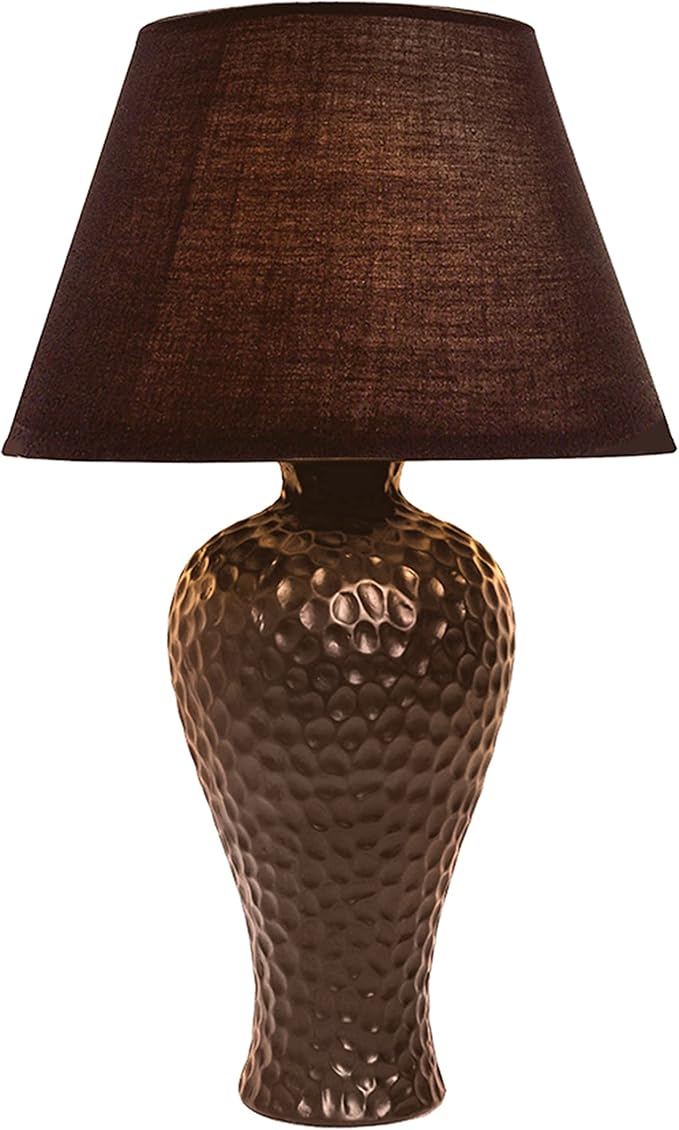 Simple Designs LT2004-BWN Textured Stucco Curvy Ceramic Table Desk Lamp with Matching Fabric Shade, Brown - LeafyLoom