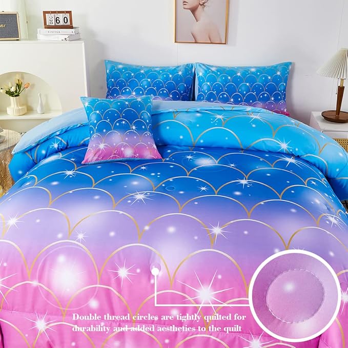 URBONUR 6 Pcs Mermaid Comforter Set Twin Size Gradient Pink and Blue Twin Bedding Sets for Girls/Kids/Teen, Colorful Glitter Printed Bed in a Bag Comforter with Sheet Set - LeafyLoom