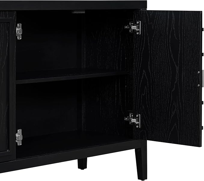 Retro Sideboard with Circular Groove Design Round Metal Door Handle,Wooden Buffet Cabinet,W/Adjustable Shelves & Open Countertop,for Entrance Living Dinning Room,Black, 60" - LeafyLoom