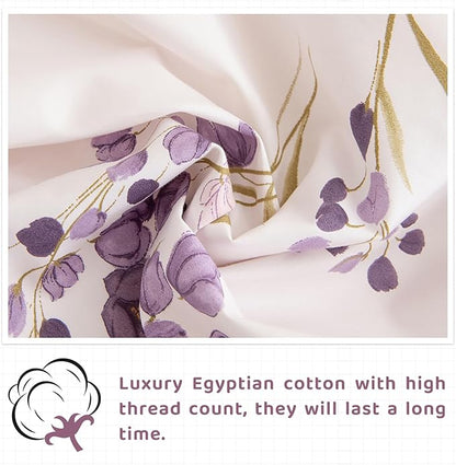 QSH Lavender Floral Bed Sheets Queen Size - 100% Egyptian Cotton Sheets Purple Flower Printed Bedding Sheets Queen Size Bed 4pcs Deep Pockets Bed Sheets - LeafyLoom