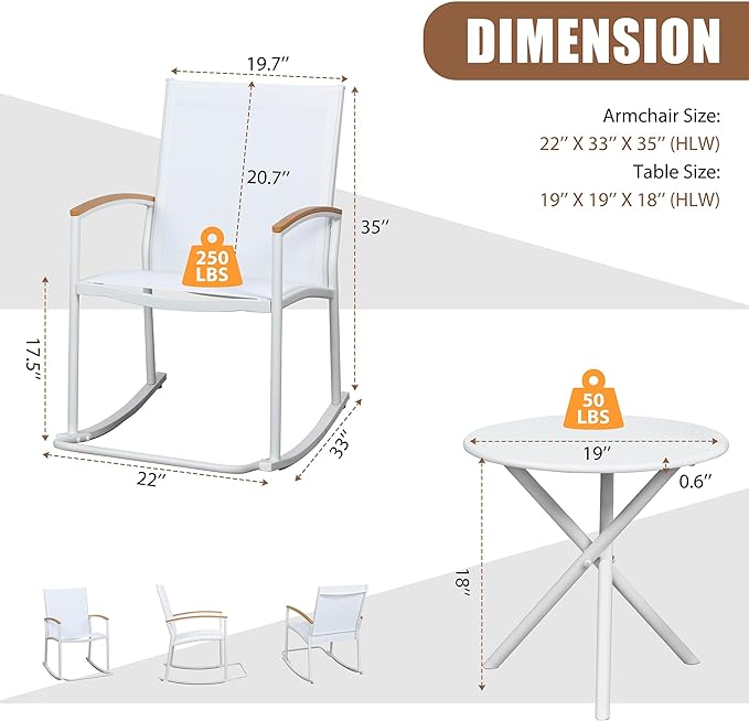 Shintenchi 3 Piece Outdoor Rocking Bistro Set, Textilene Fabric Small Patio Furniture Set, Front Porch Rocker Chairs Conversation Set with Table for Lawn, Garden, Balcony, Poolside (White) - LeafyLoom