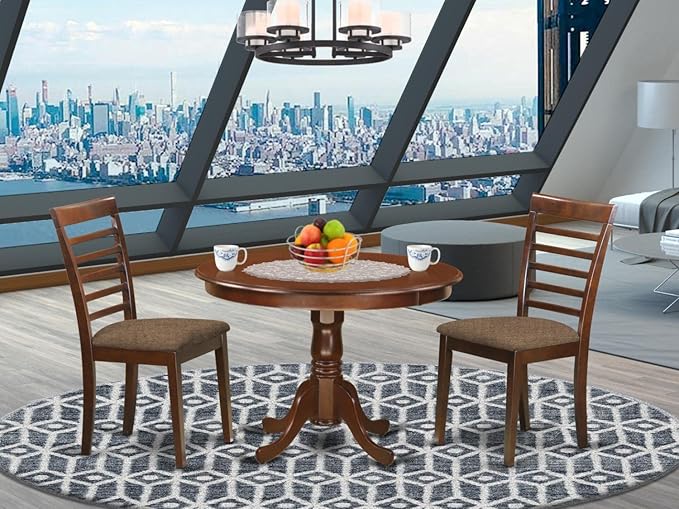 East West Furniture HLML3-MAH-C 3 Piece Dining Set Contains a Round Dining Room Table with Pedestal and 2 Linen Fabric Upholstered Kitchen Chairs, 42x42 Inch, Mahogany - LeafyLoom