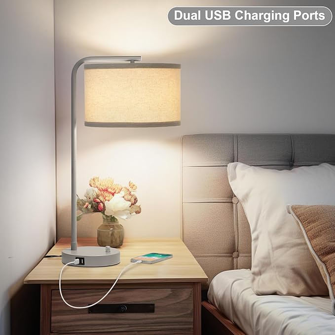 Table Lamp with USB Ports, Fully Dimmable Nightstand Lamp for Living Room, Modern Grey Bedside Lamp, Tall Table Lamp with Beige Shade Minimalist Desk Lamp for Bedroom Office, LED Bulb Included - LeafyLoom